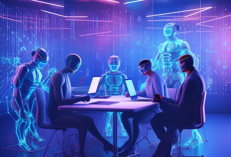 Futuristic illustration of humans and AI collaborating at a meeting table
