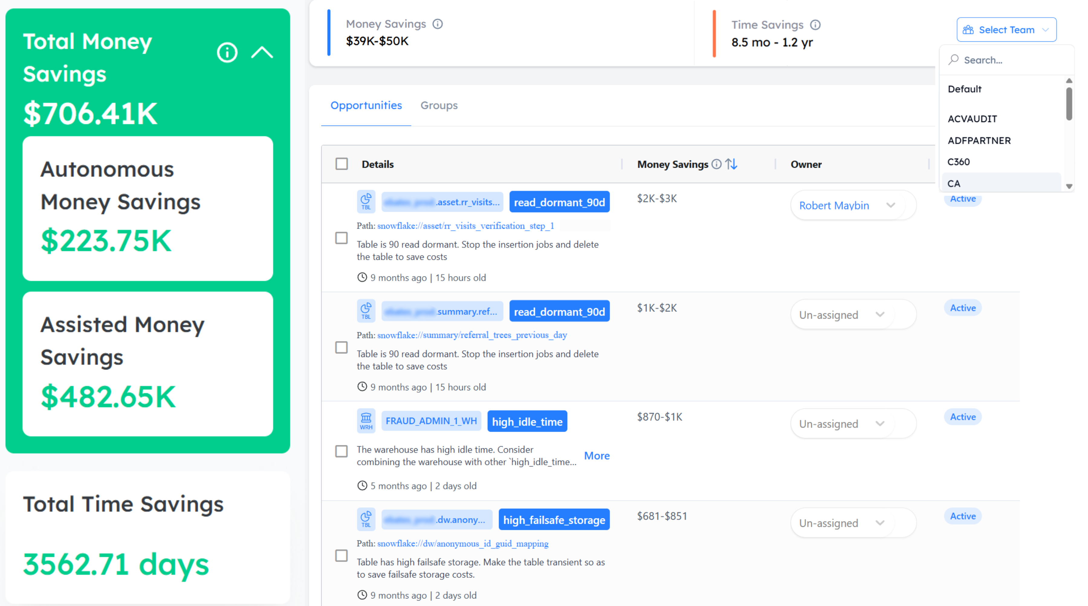 Team cost savings assignment and tracking interface