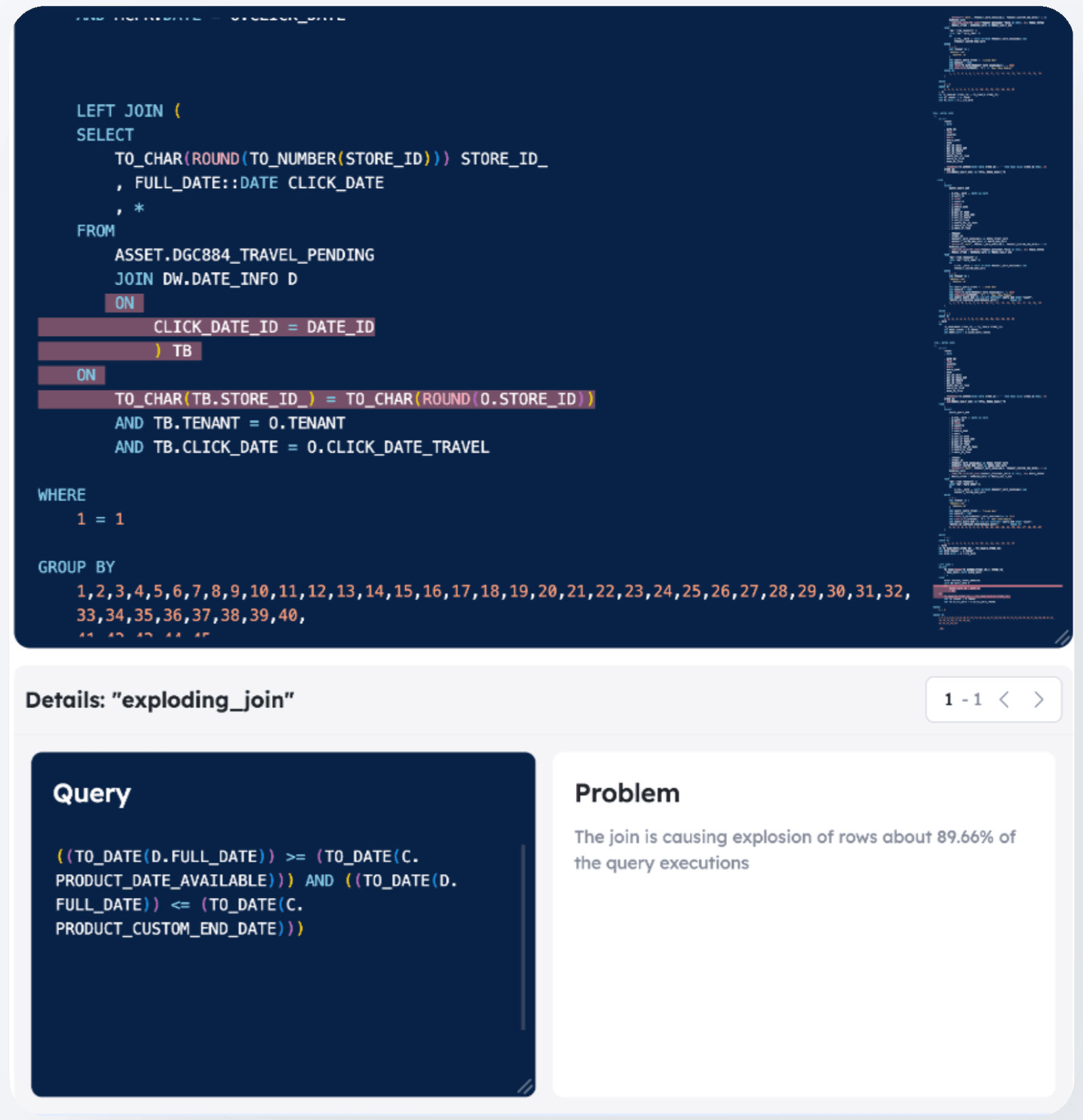 SQL code analysis highlighting key lines for optimization