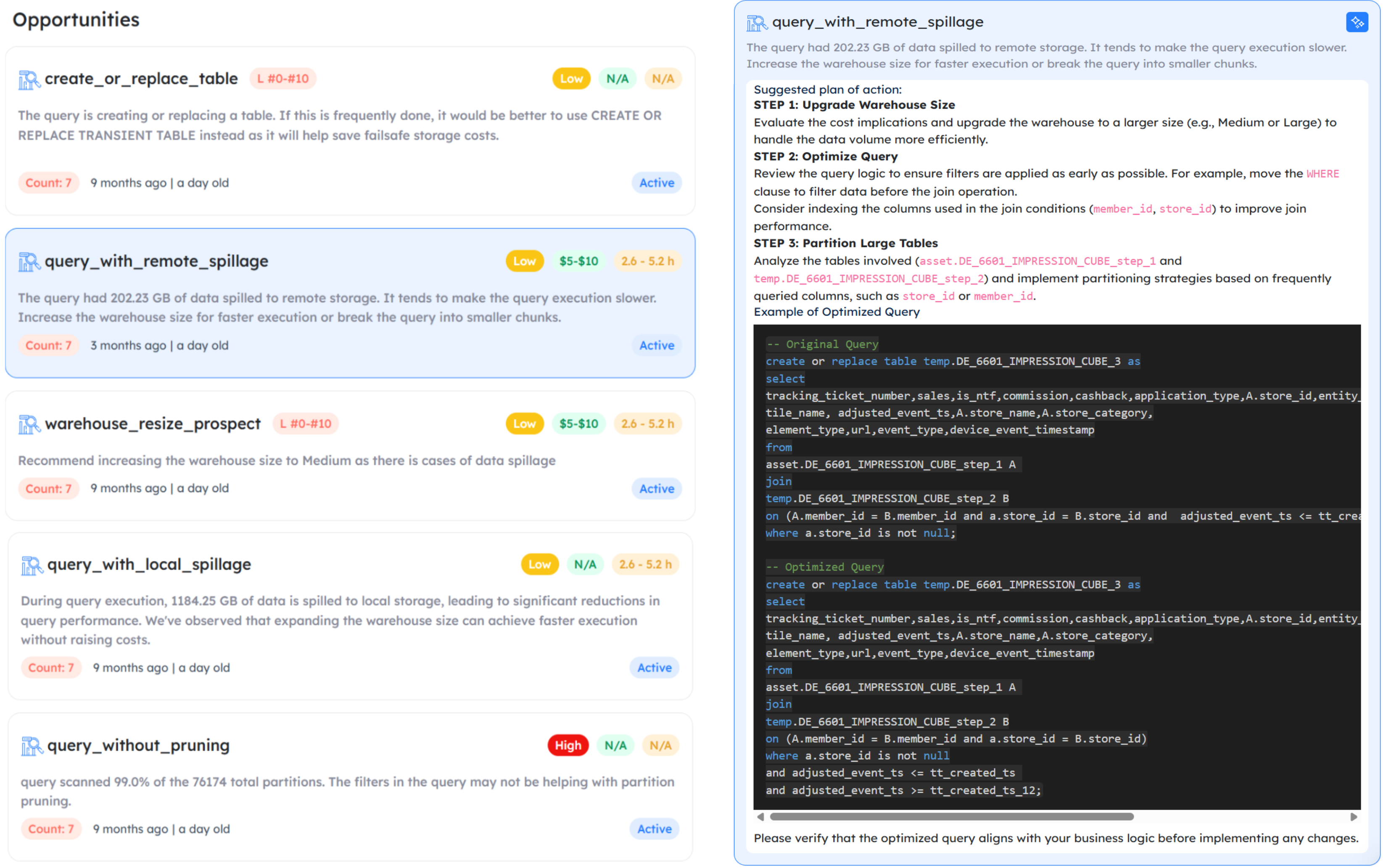 AI-generated query optimization recommendations