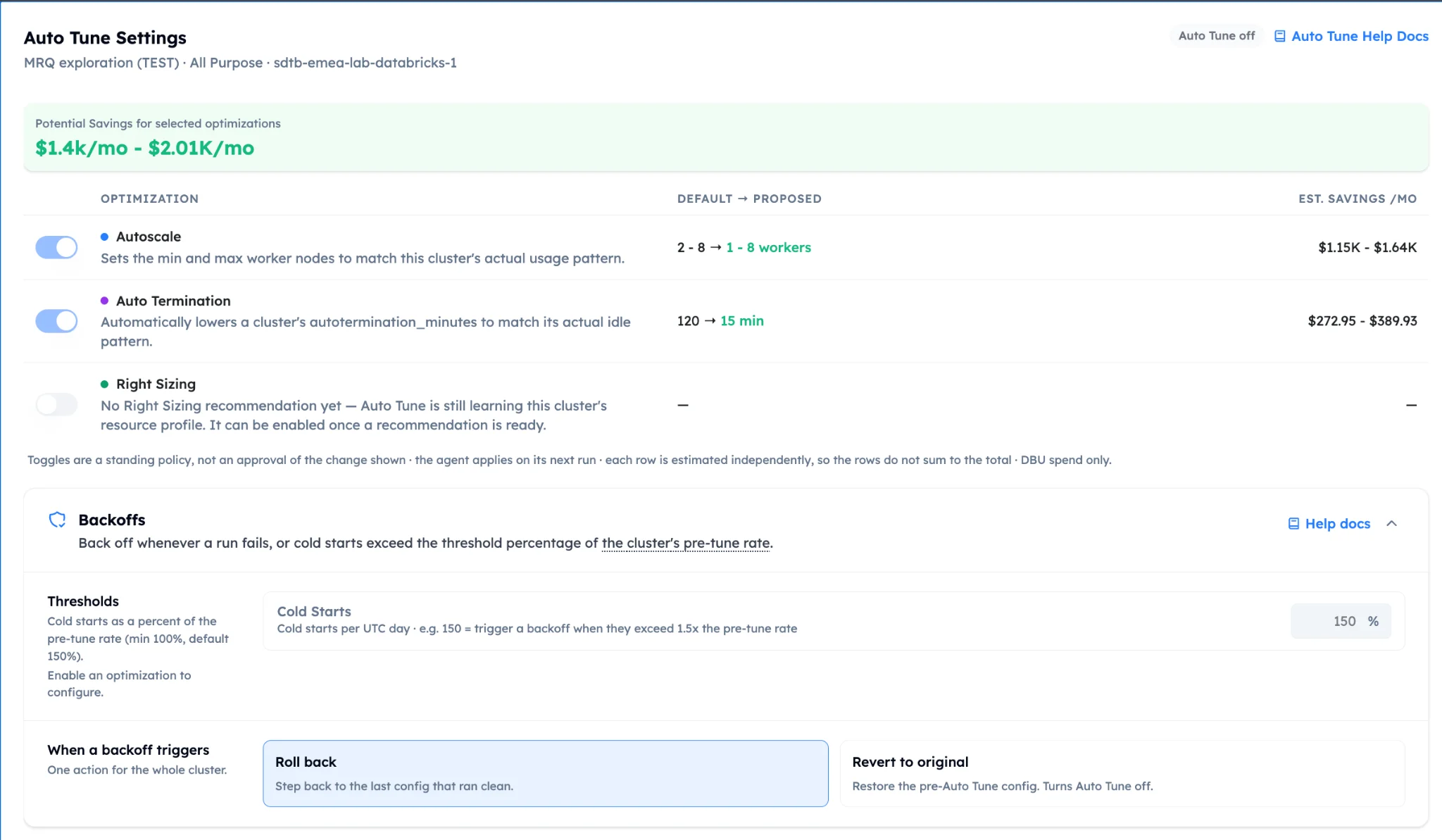 Altimate Auto Tune settings for an all-purpose Databricks cluster, showing potential savings of $1.4K to $2.01K per month. Autoscale is proposed to change from 2 to 8 workers to 1 to 8 workers, and auto-termination from 120 minutes to 15 minutes. Right sizing is still learning the cluster. Backoff settings roll back a change when cold starts exceed 150% of the pre-tune rate.
