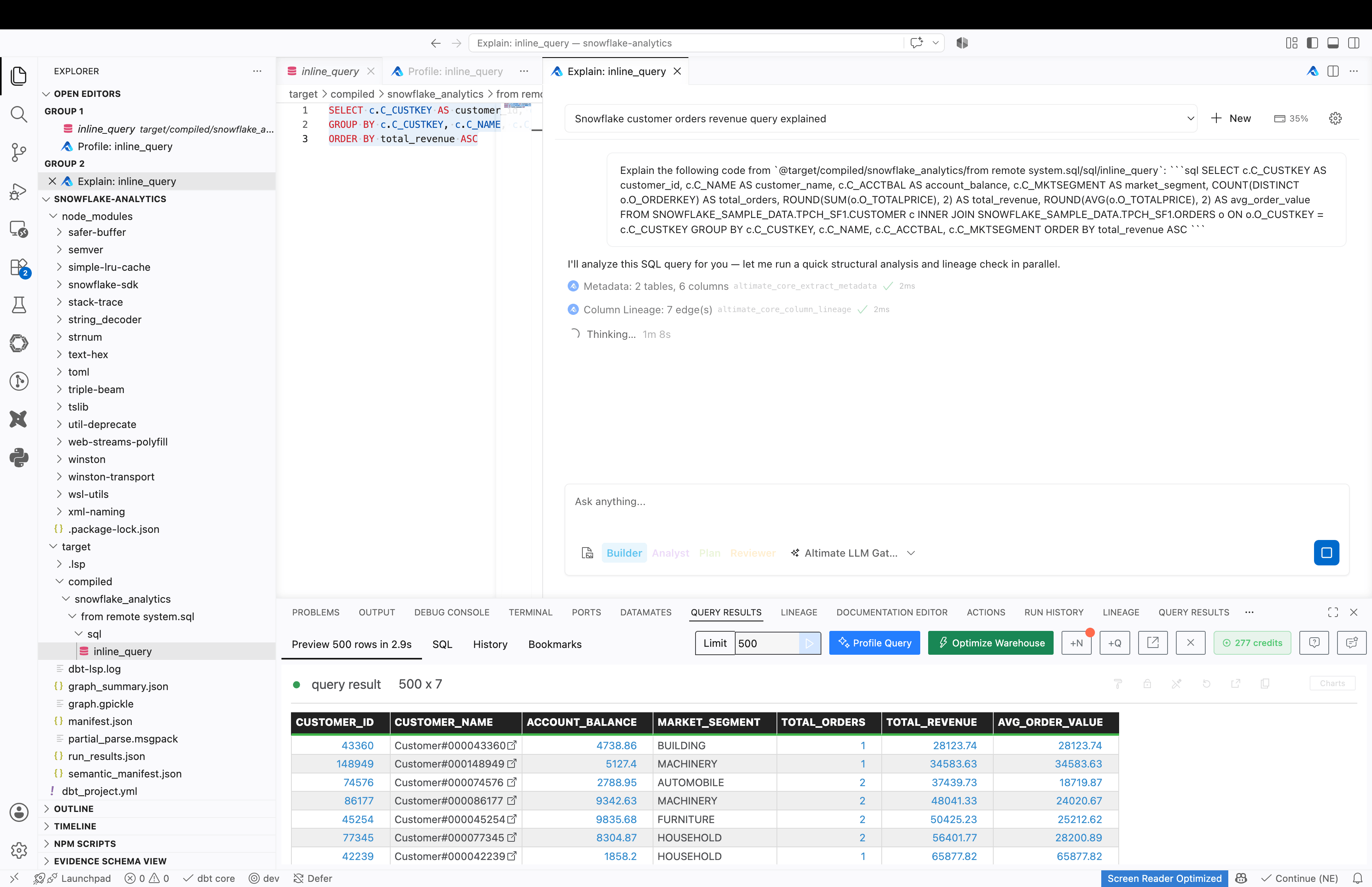 Screenshot of the Power User for dbt UI showing "Explain with Altimate Code" describes the query's logic without touching the warehouse