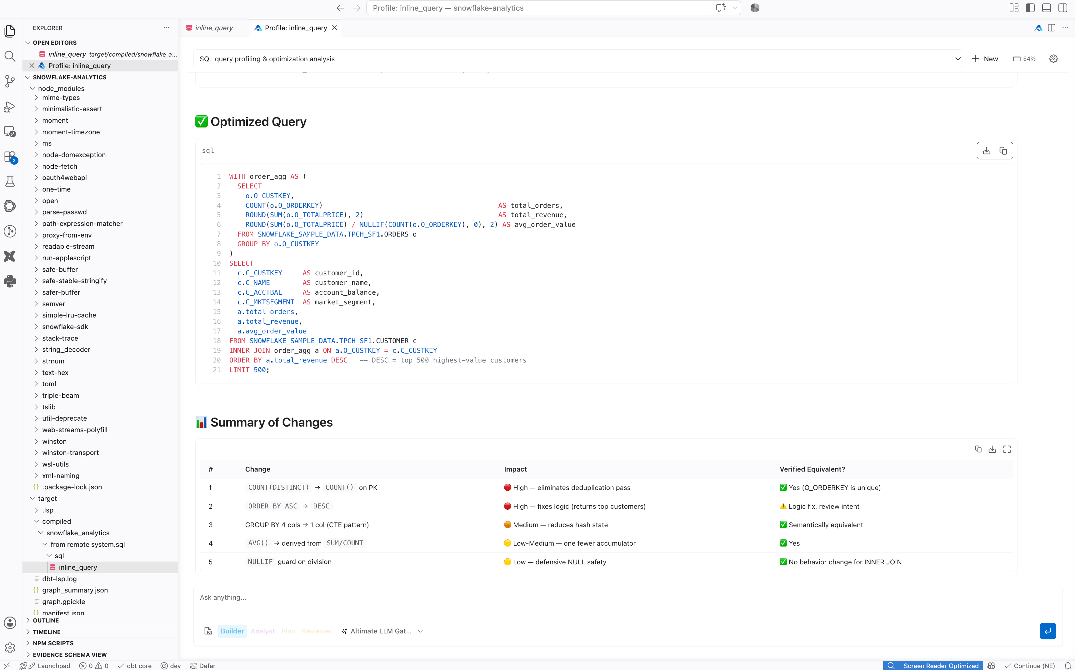Screenshot of the Power User for dbt UI showing the Profile panel surfacing real row counts and cost data from the warehouse
