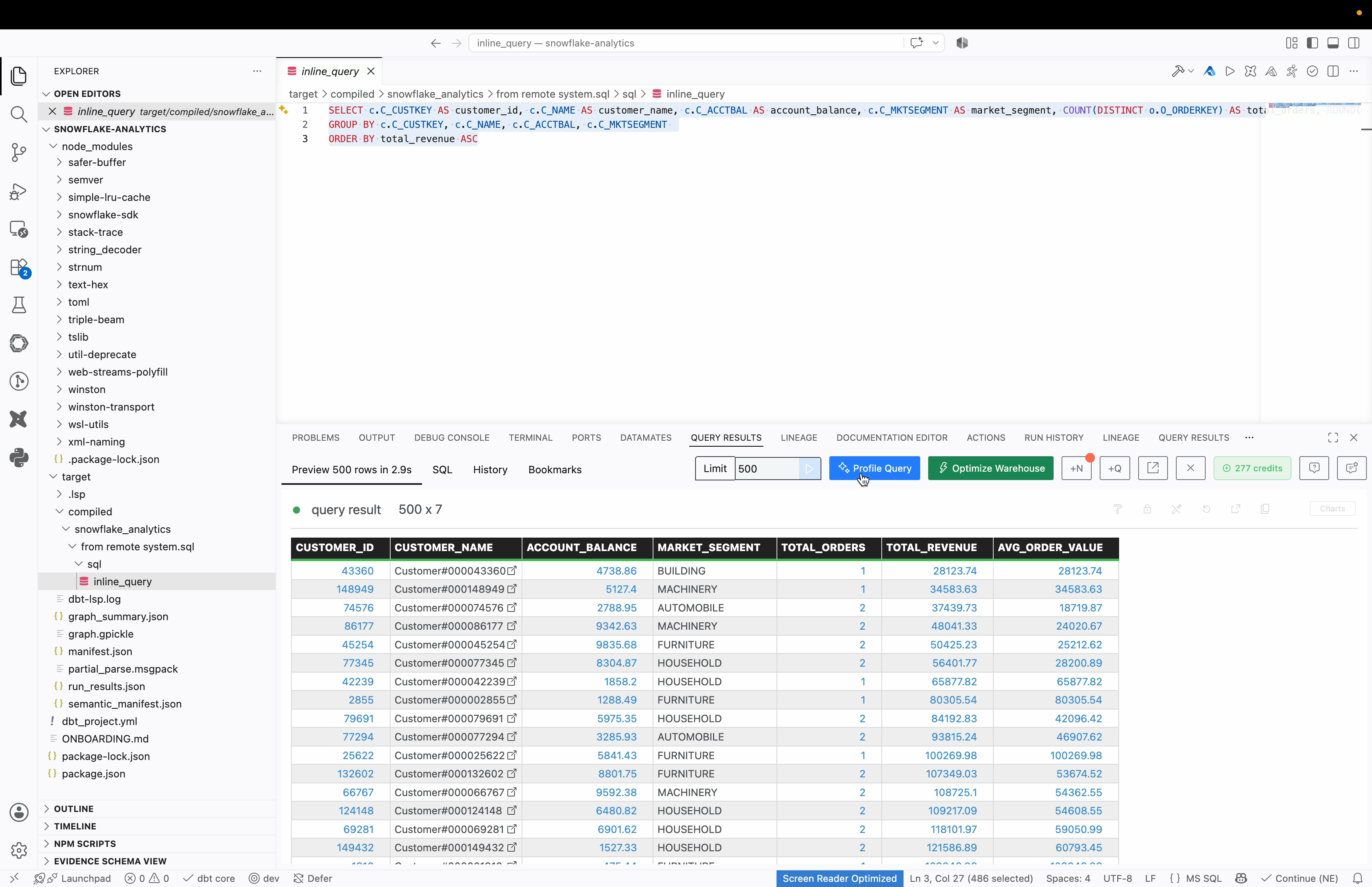 Screenshot of the Power User for dbt UI showing  where to click "Profile Query" in the query results panel toolbar