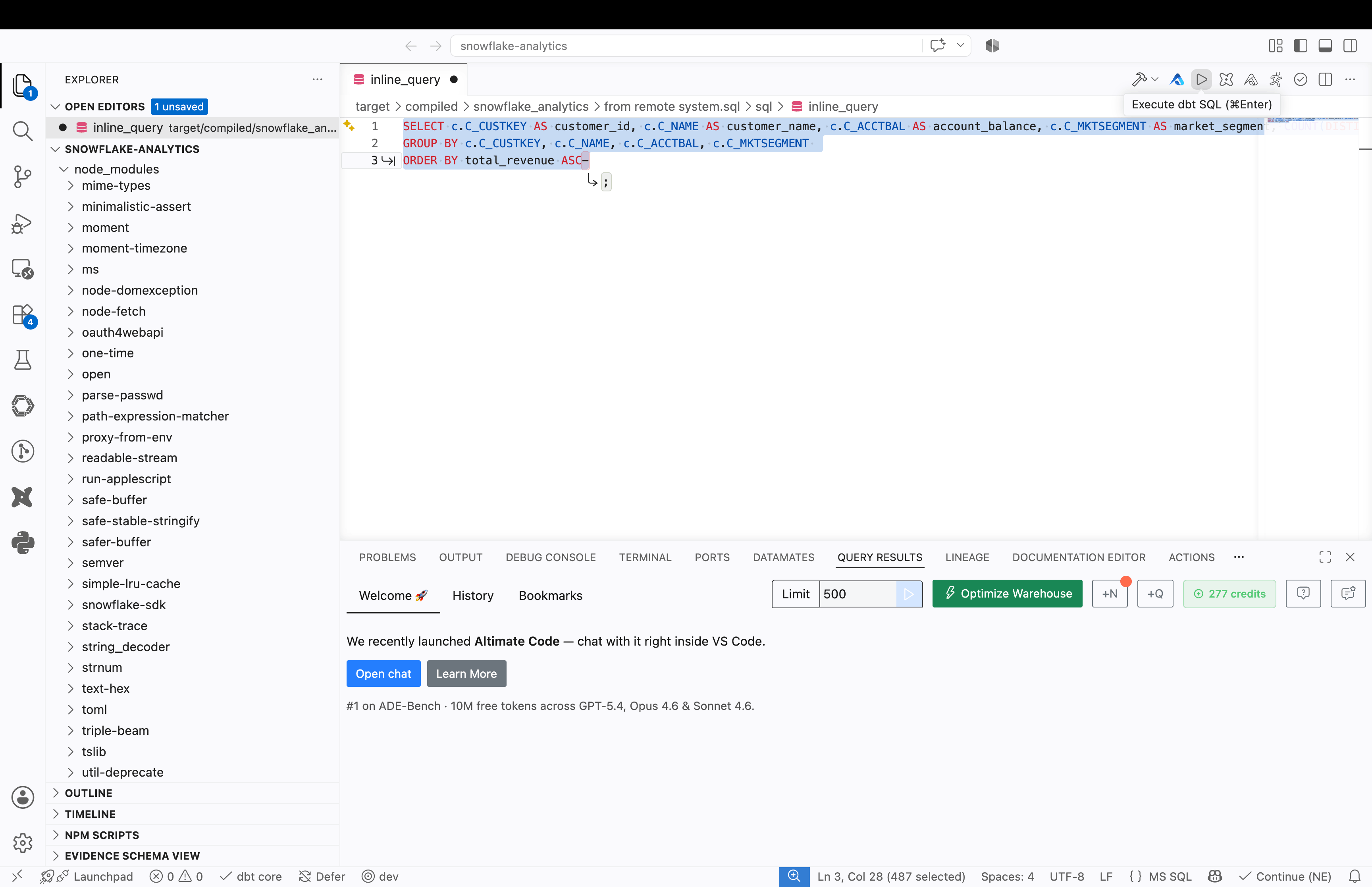 Screenshot of the Power User for dbt UI showing the "Run a query" feature.