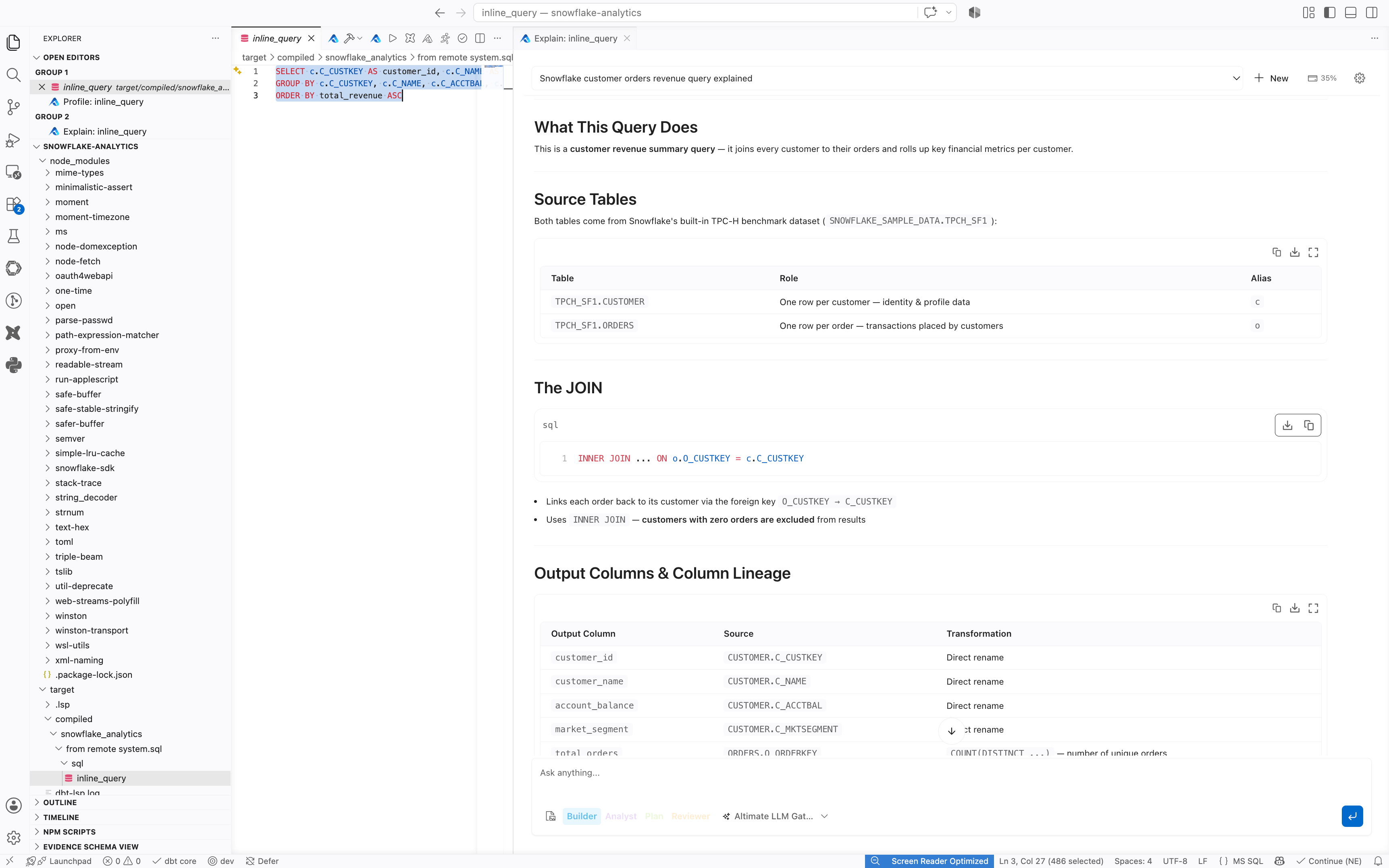 Screenshot of the Power User for dbt UI showing the "Explain" panel, breaking down joins, filters, and transformations