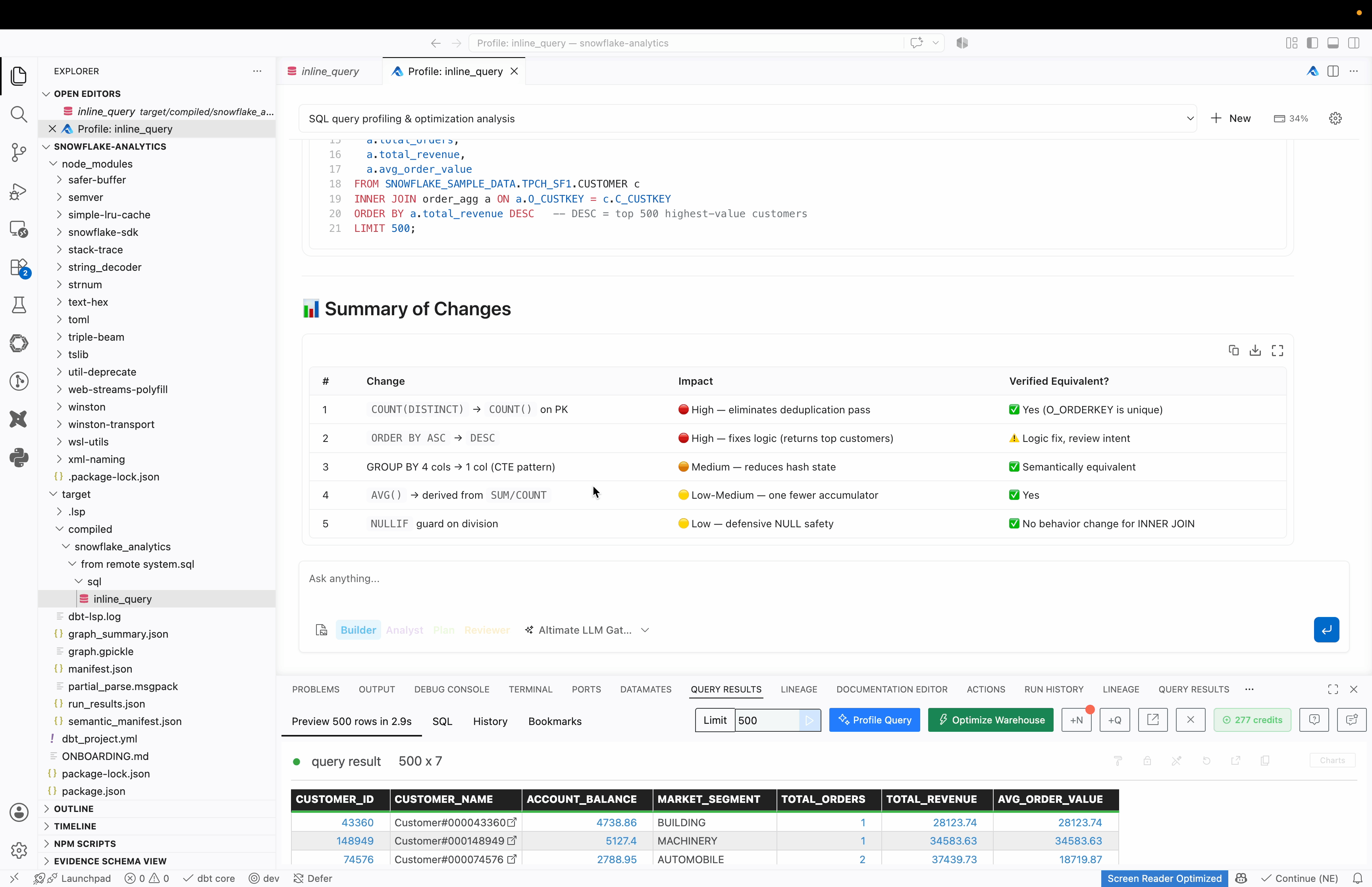 Screenshot of the Power User for dbt UI showing Step 5: Plain-language findings on what the query is doing, where the time and cost are going, and what to try next