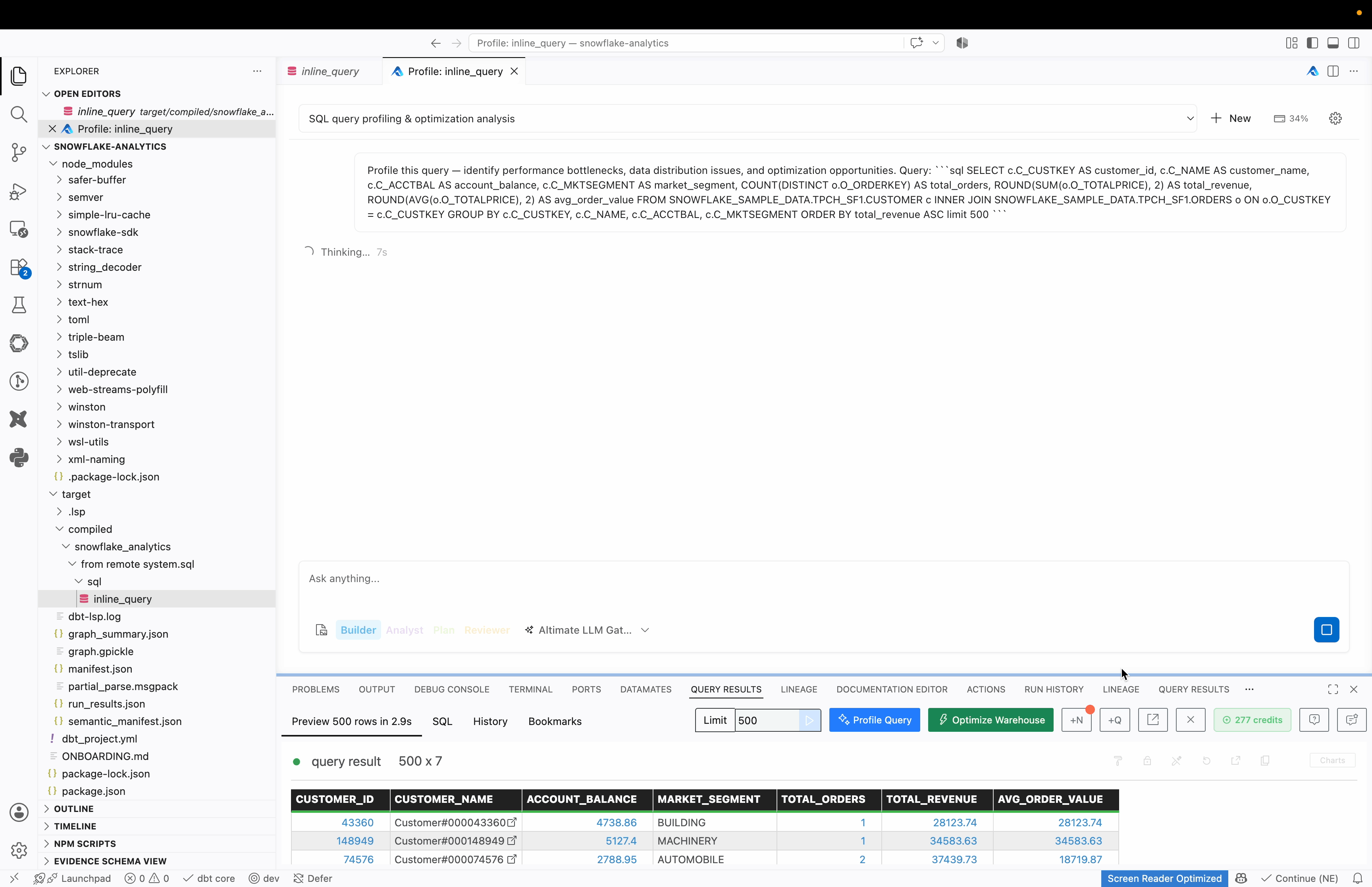 Screenshot of the Power User for dbt UI: Altimate Code chat opens with your SQL and a profiling prompt already in place