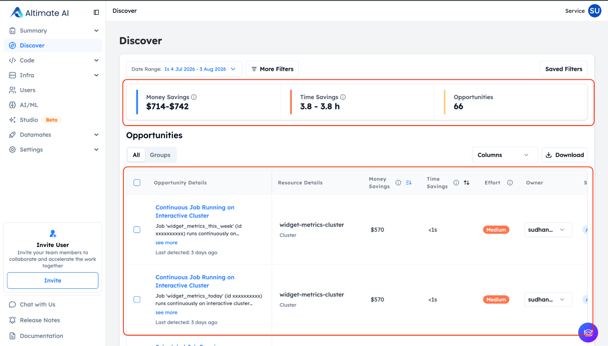 Altimate AI Discover page for Jul 4 to Aug 3, 2026, showing $714–$742 in money savings, 3.8 hours of time savings, and 66 opportunities, above a table of opportunities such as continuous jobs running on an interactive cluster, each with resource details, savings estimates, effort rating, and assigned owner.