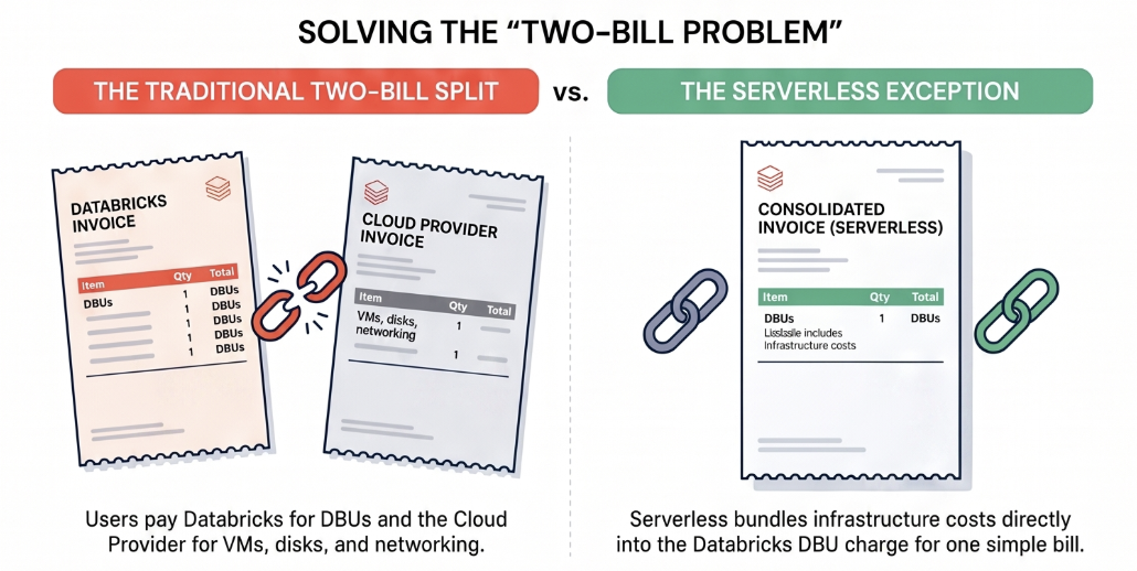 Diagram titled "Solving the two-bill problem," contrasting the traditional split of a Databricks invoice for DBUs plus a separate cloud provider invoice for VMs, disks, and networking against the serverless exception, where infrastructure costs are bundled into one consolidated DBU invoice.
