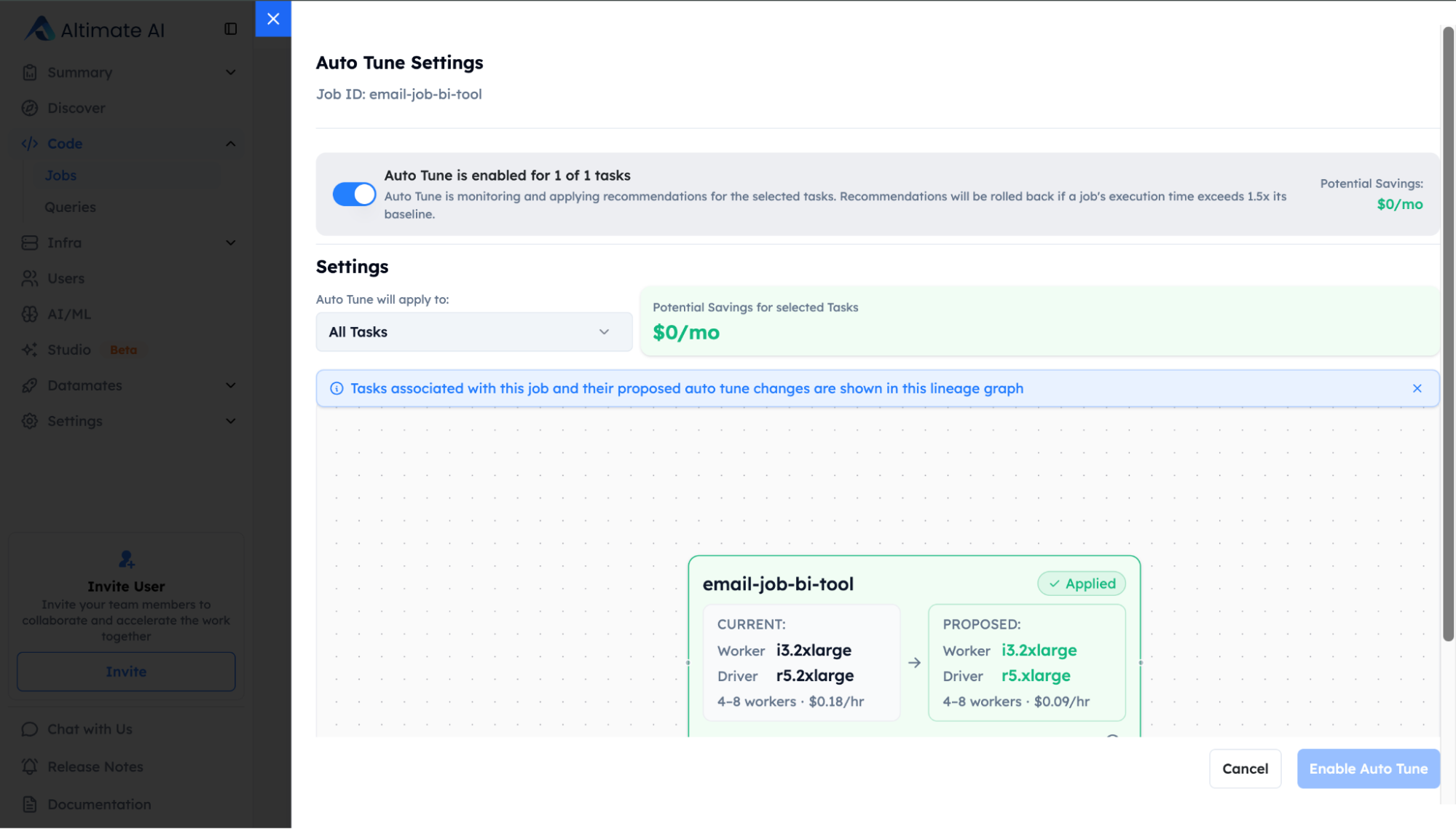 Auto Tune Settings modal for job email-job-bi-tool, showing Auto Tune enabled for 1 of 1 tasks with automatic rollback if execution time exceeds 1.5x baseline, and a lineage graph card comparing the current driver (r5.2xlarge, $0.18/hr) to the applied proposal (r5.xlarge, $0.09/hr) with the worker type unchanged.