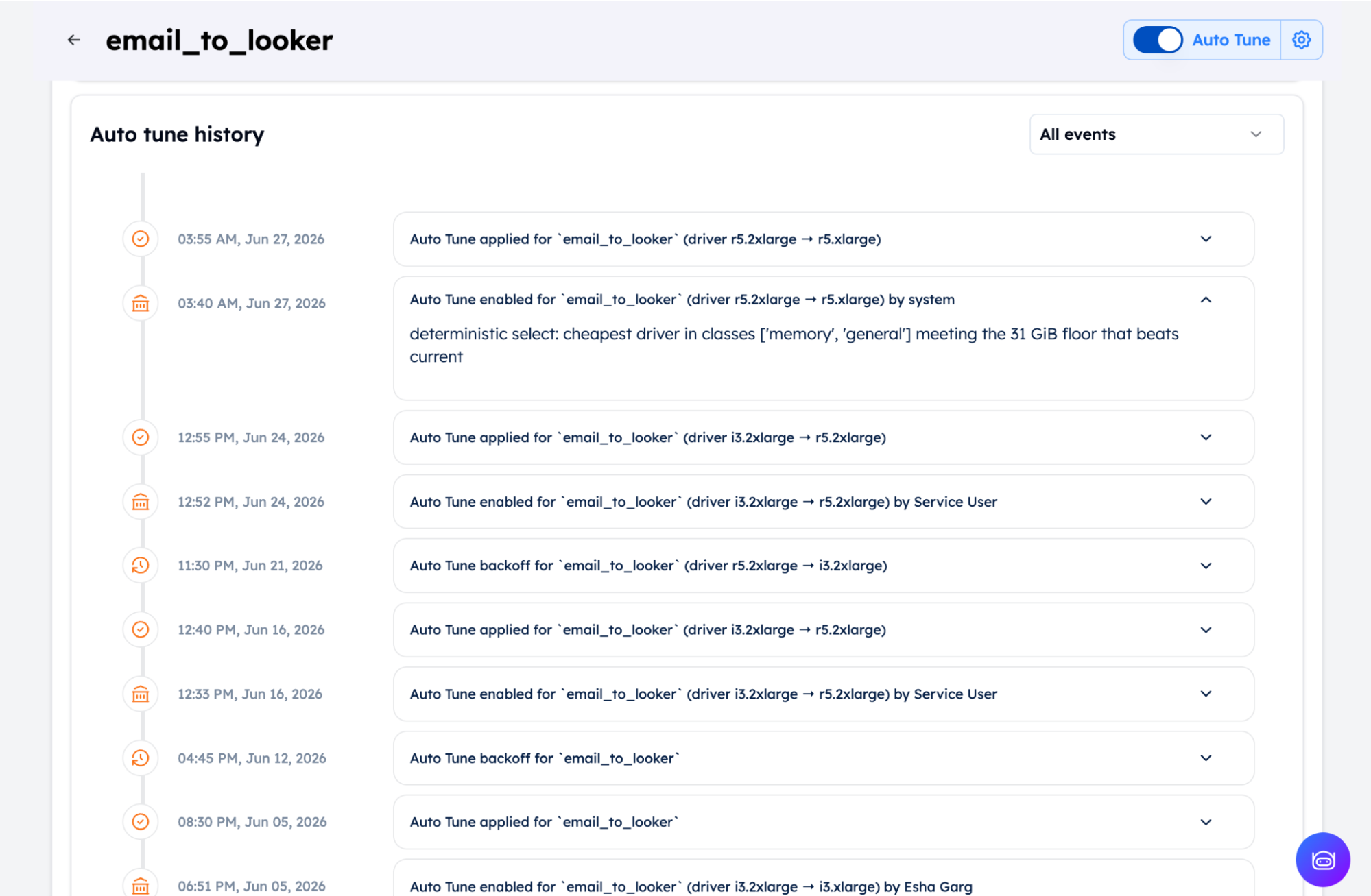 Auto Tune history log for job 'email_to_looker,' listing timestamped audit entries where Auto Tune applied, enabled, or backed off driver changes (such as r5.2xlarge to r5.xlarge and i3.2xlarge to r5.2xlarge), each attributed to the system, a service user, or a named engineer.