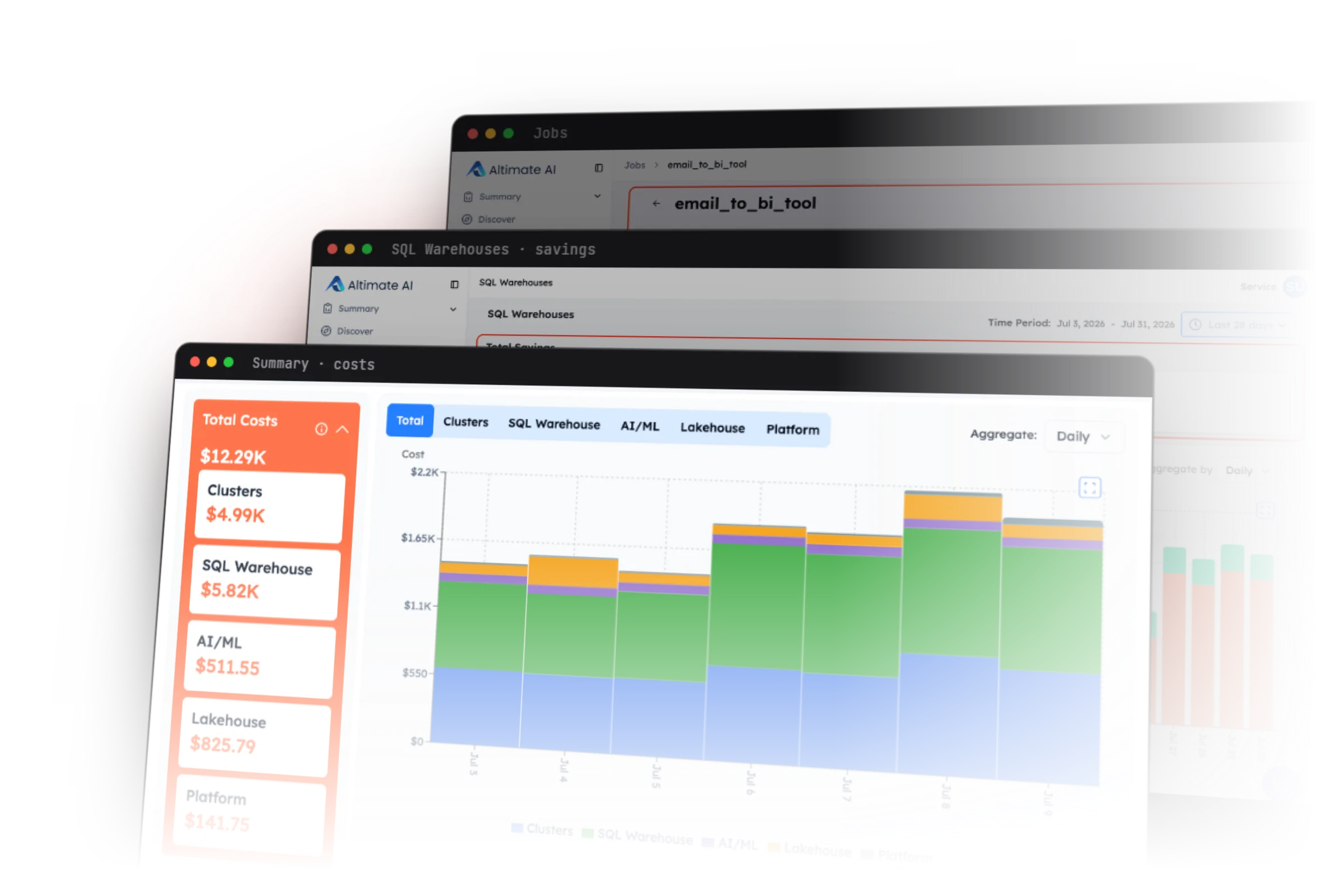 Altimate for Databricks: the cost summary by SKU, SQL warehouse savings and the jobs dashboard