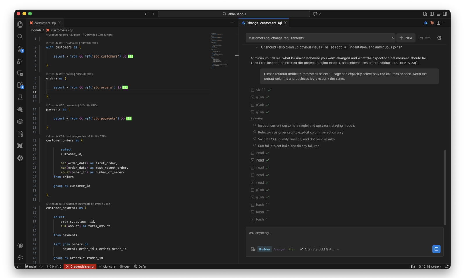 The Altimate Code panel beside a customers.sql dbt model in VS Code, with CodeLens actions on each CTE and a four-step agent plan showing completed read, glob and bash tool calls