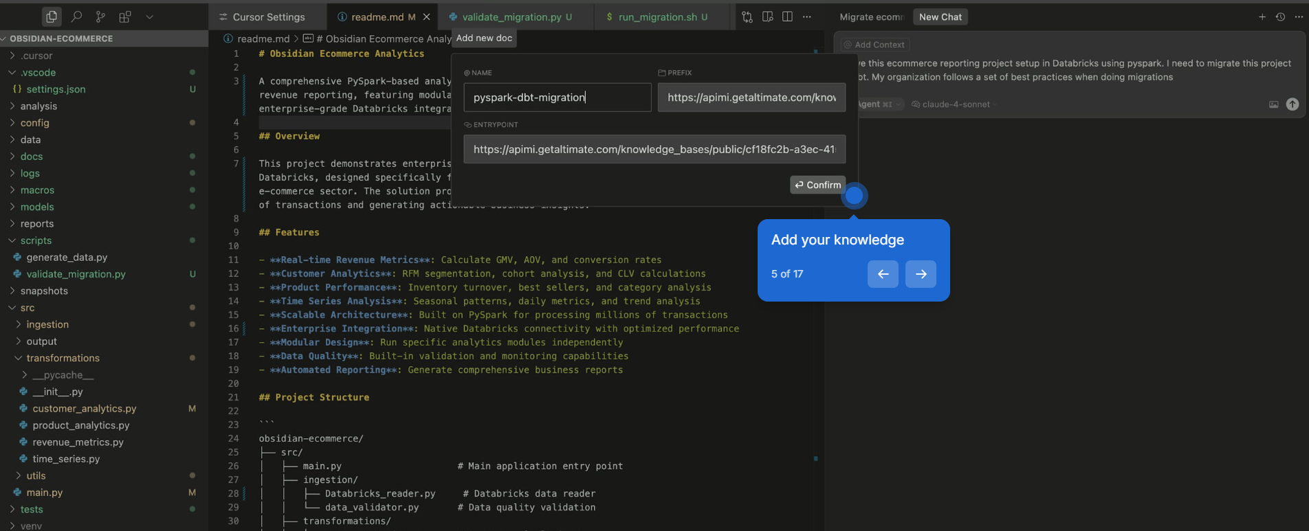 Cursor with the PySpark-based Obsidian Ecommerce Analytics project open, attaching the pyspark-dbt-migration Knowledge Hub guide as a doc reference before asking the agent to migrate the Databricks reporting project to dbt.