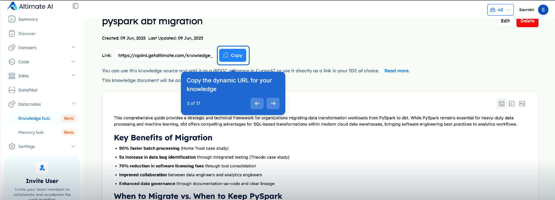 Altimate Knowledge Hub showing a "pyspark dbt migration" guide document, a shareable dynamic URL, and the guide's key-benefits summary: 90% faster batch processing, a 5x increase in bug identification, and a 70% reduction in software licensing fees.
