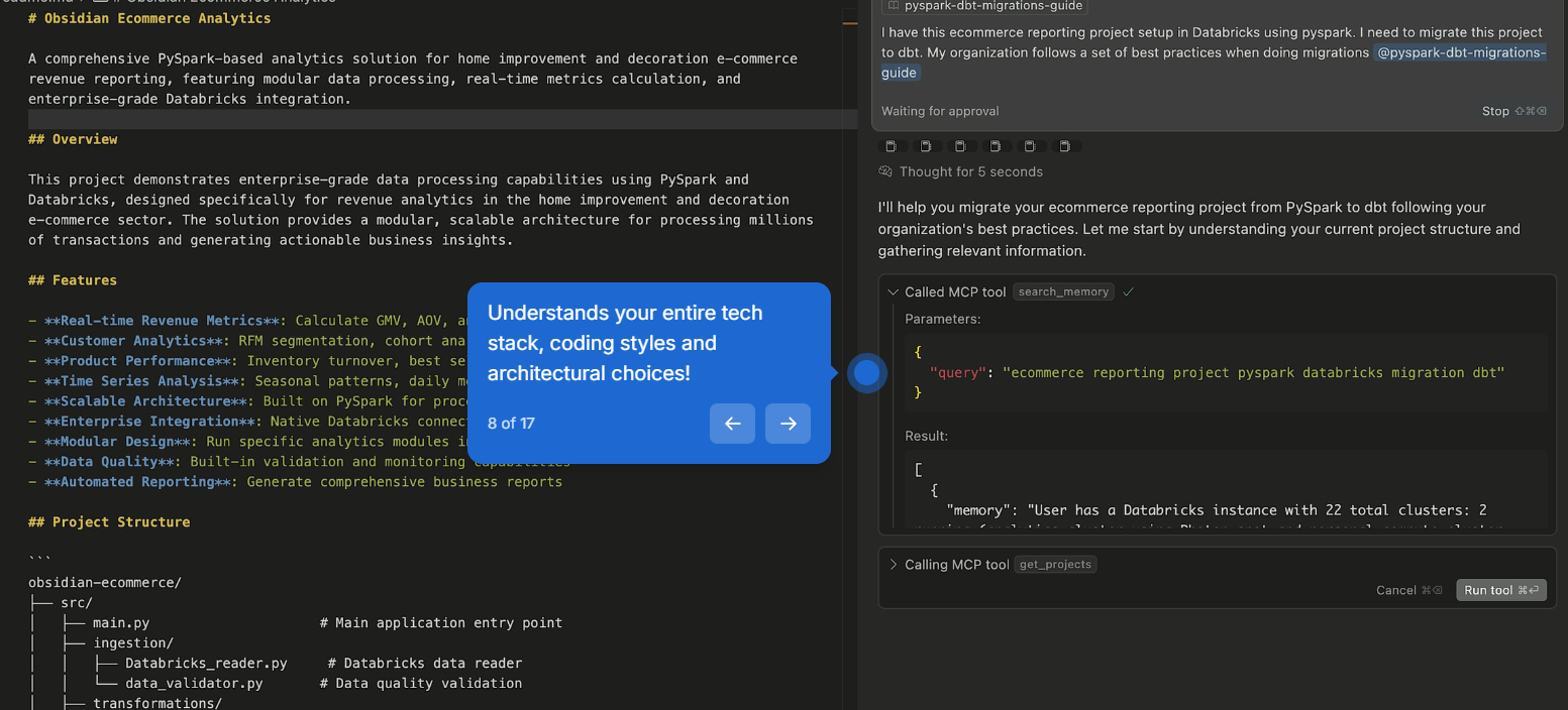 Agent calling the search_memory MCP tool with the query "ecommerce reporting project pyspark databricks migration dbt" and returning stored context about the user's Databricks instance and cluster configuration before starting the migration.