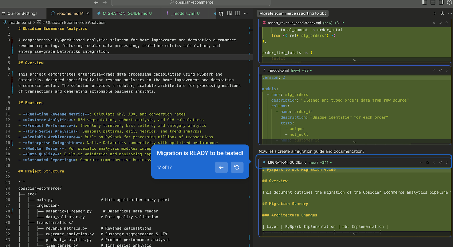 Agent having generated a new dbt model (assert_revenue_consistency.sql) and a _models.yml schema file with tests, then producing a MIGRATION_GUIDE.md documenting the architecture changes, with a confirmation that the migration is ready to be tested.