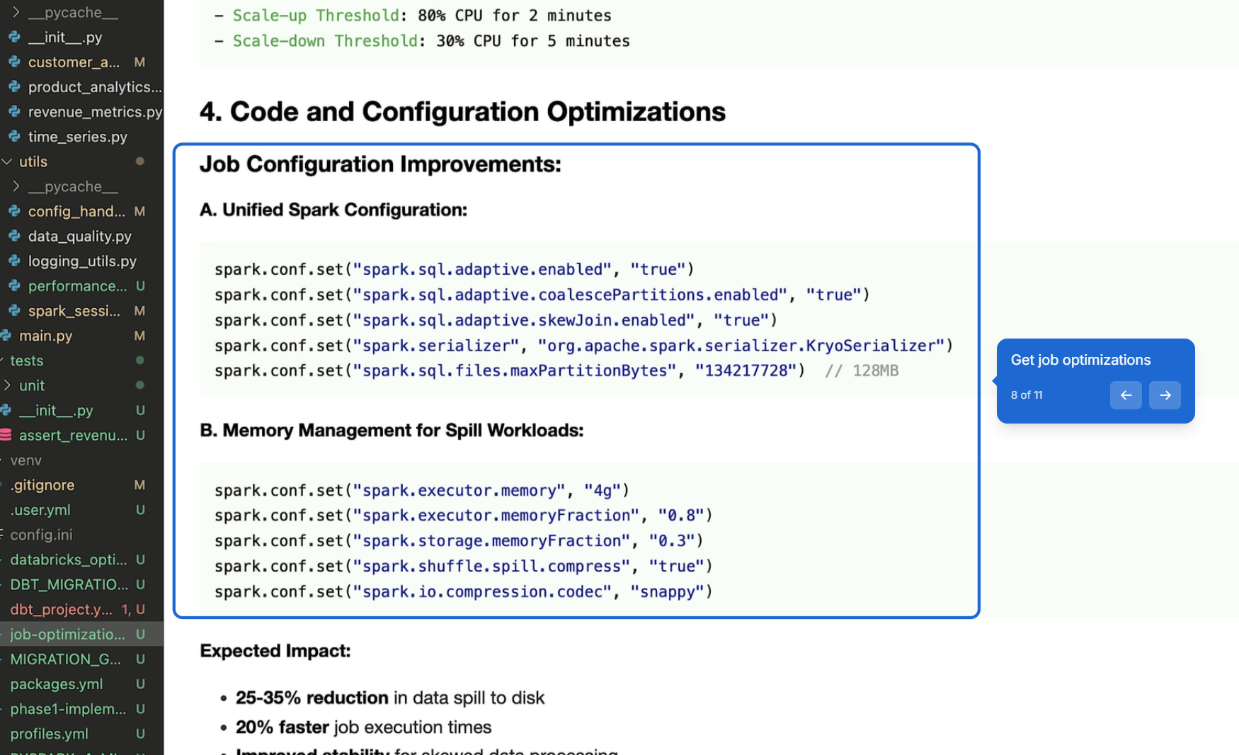 Generated Spark configuration optimizations: unified adaptive-query-execution settings and memory-management tuning for spill-heavy workloads, with an expected impact of 25-35% less disk spill and 20% faster job execution.