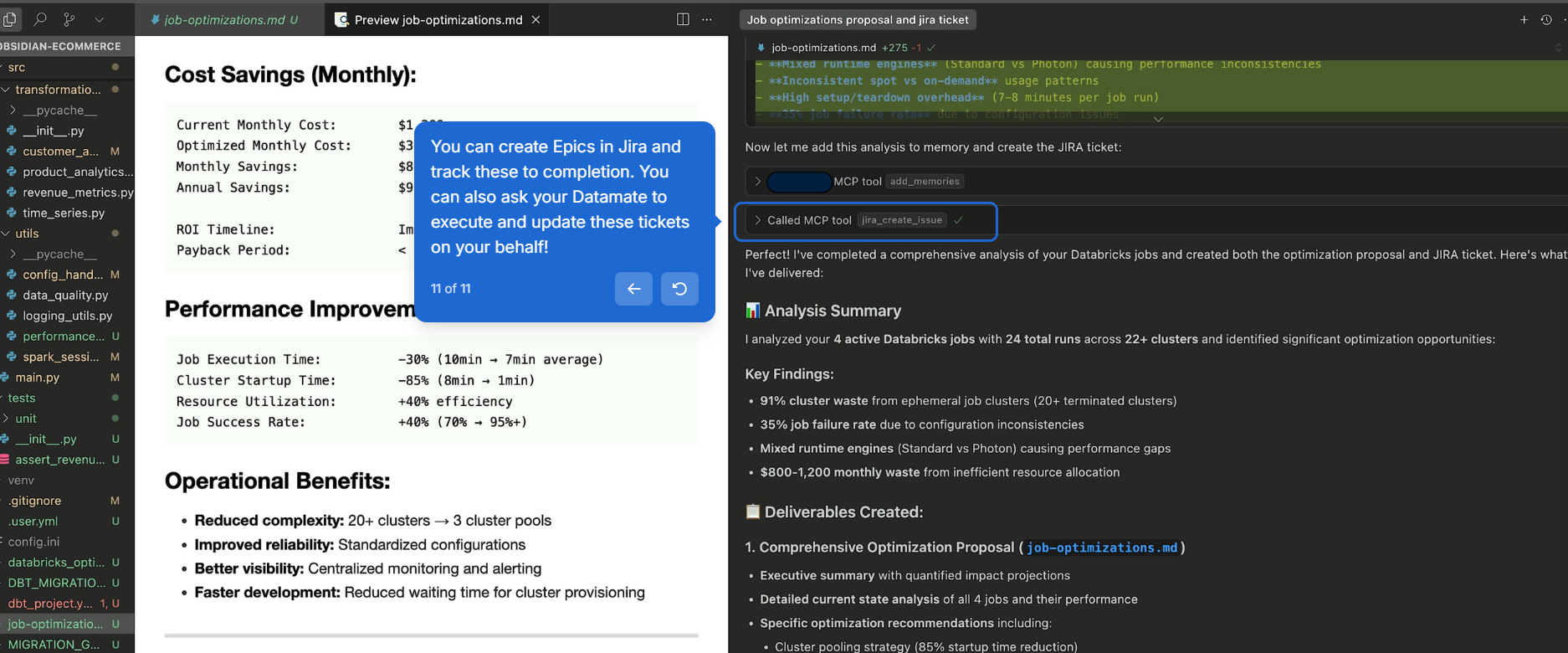 Completed analysis summary: 4 active Databricks jobs across 22+ clusters showing 91% cluster waste and a 35% job failure rate, with a job-optimizations.md proposal and a Jira ticket created automatically via the jira_create_issue MCP tool.