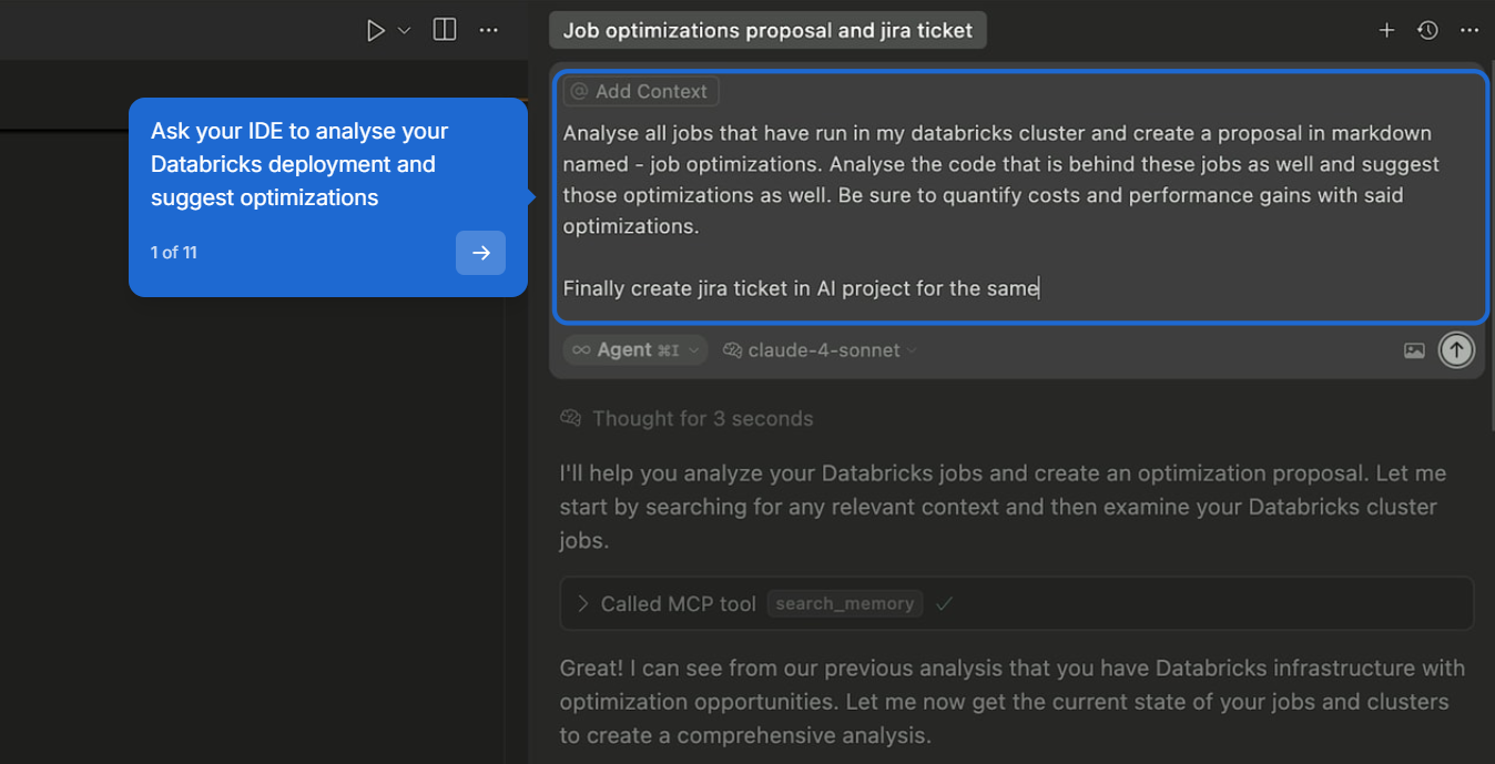 Agent prompt asking to analyse all jobs that ran on the Databricks cluster, propose optimizations with quantified cost and performance gains in a markdown document, and file a Jira ticket in the AI project for the same.
