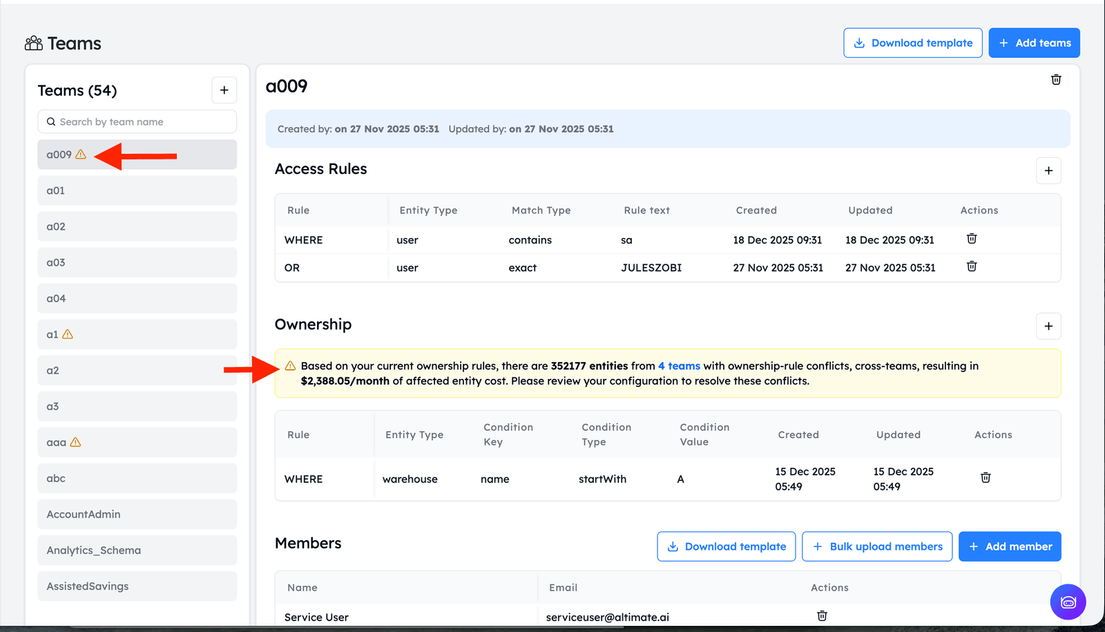 A team's Ownership section warning that its rules overlap other teams on a set of entities, with the affected teams flagged in the list until the overlap is resolved.