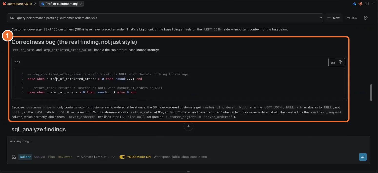 The Profile: customers.sql chat under the heading Correctness bug. It explains that 38 of 100 customers never ordered, so 38% of customers show a return_rate of 0%, and suggests else null.