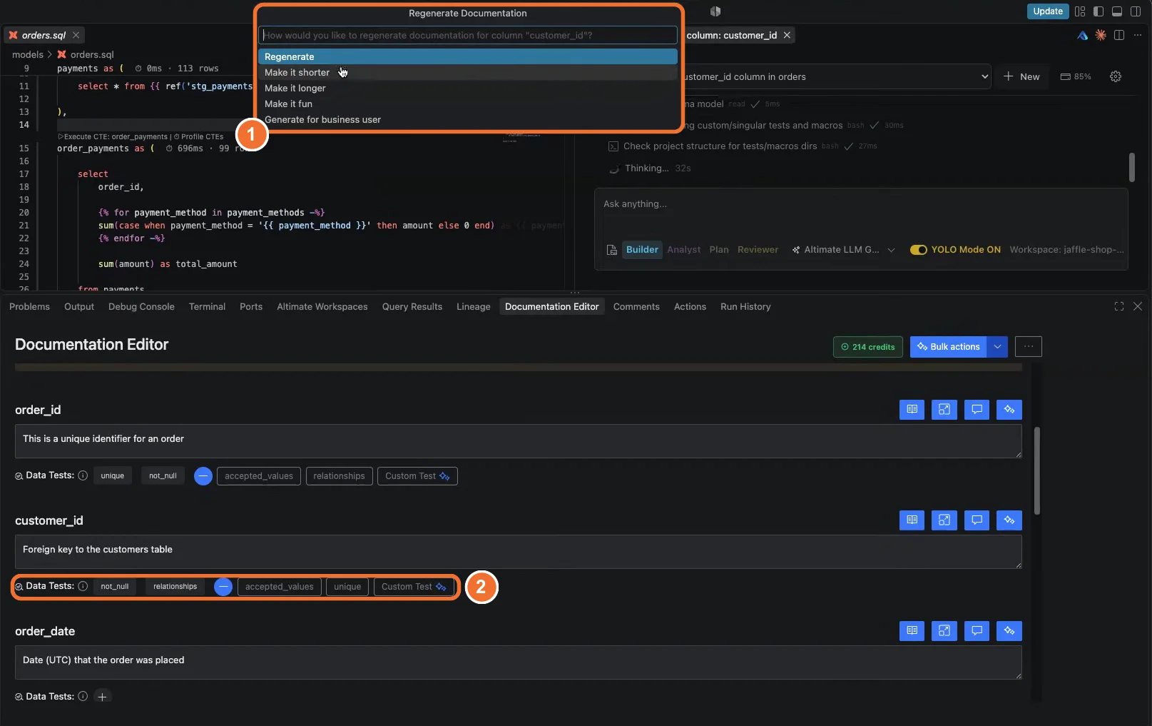 The Regenerate Documentation picker for column customer_id, offering Regenerate, Make it shorter, Make it longer, Make it fun and Generate for business user, above the Documentation Editor row for customer_id with Data Tests not_null, relationships, accepted_values, unique and Custom Test.