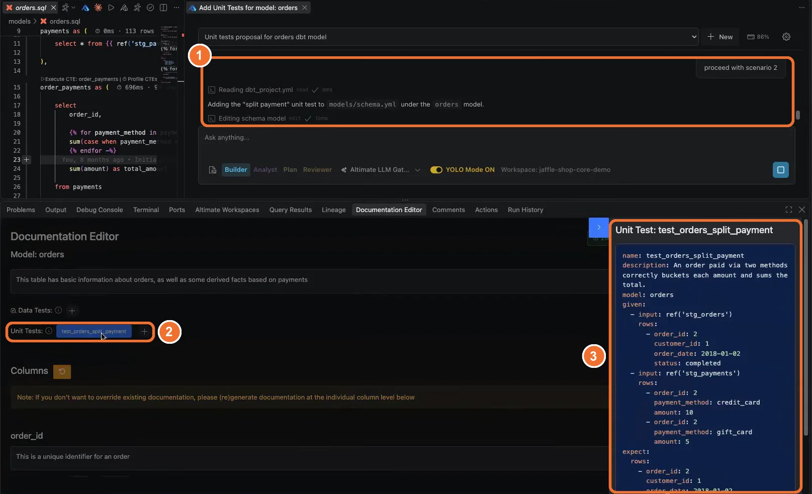 The chat confirms Adding the split payment unit test to models/schema.yml, the Unit Tests row now shows test_orders_split_payment, and a side panel shows its YAML with two payment rows for order 2, credit_card 10 and gift_card 5.