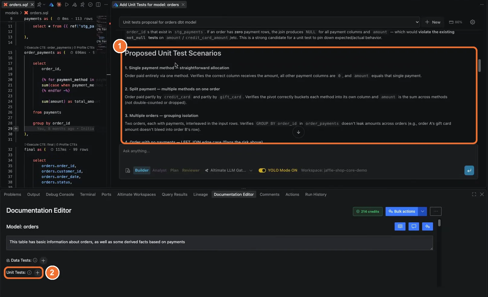 The Altimate Code chat titled Unit tests proposal for orders dbt model, listing four proposed unit test scenarios, above the Documentation Editor for Model: orders with its Data Tests and Unit Tests rows.