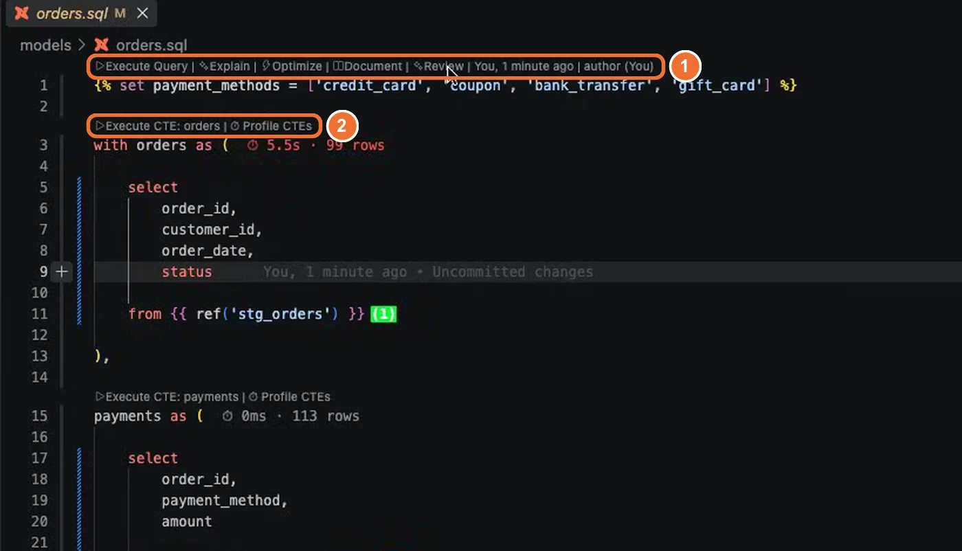 The orders.sql editor with the model code lens Execute Query, Explain, Optimize, Document and Review above line 1, and the CTE code lens Execute CTE: orders and Profile CTEs above the first CTE.