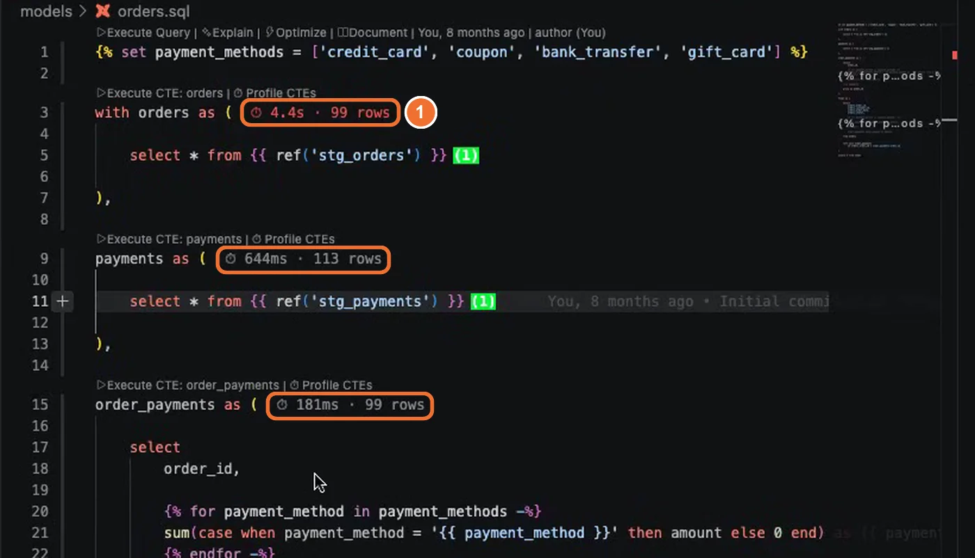 Profile CTEs results in orders.sql. The orders CTE reads 4.4s and 99 rows, payments reads 644ms and 113 rows, and order_payments reads 181ms and 99 rows.
