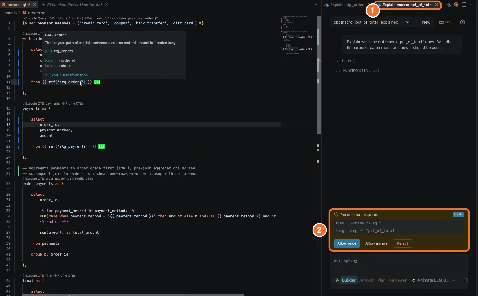 Two Altimate Code chat tabs, Explain: stg_orders and Explain macro: pct_of_total, with a Permission required card for a bash command that searches SQL files for pct_of_total, offering Allow once, Allow always and Reject.